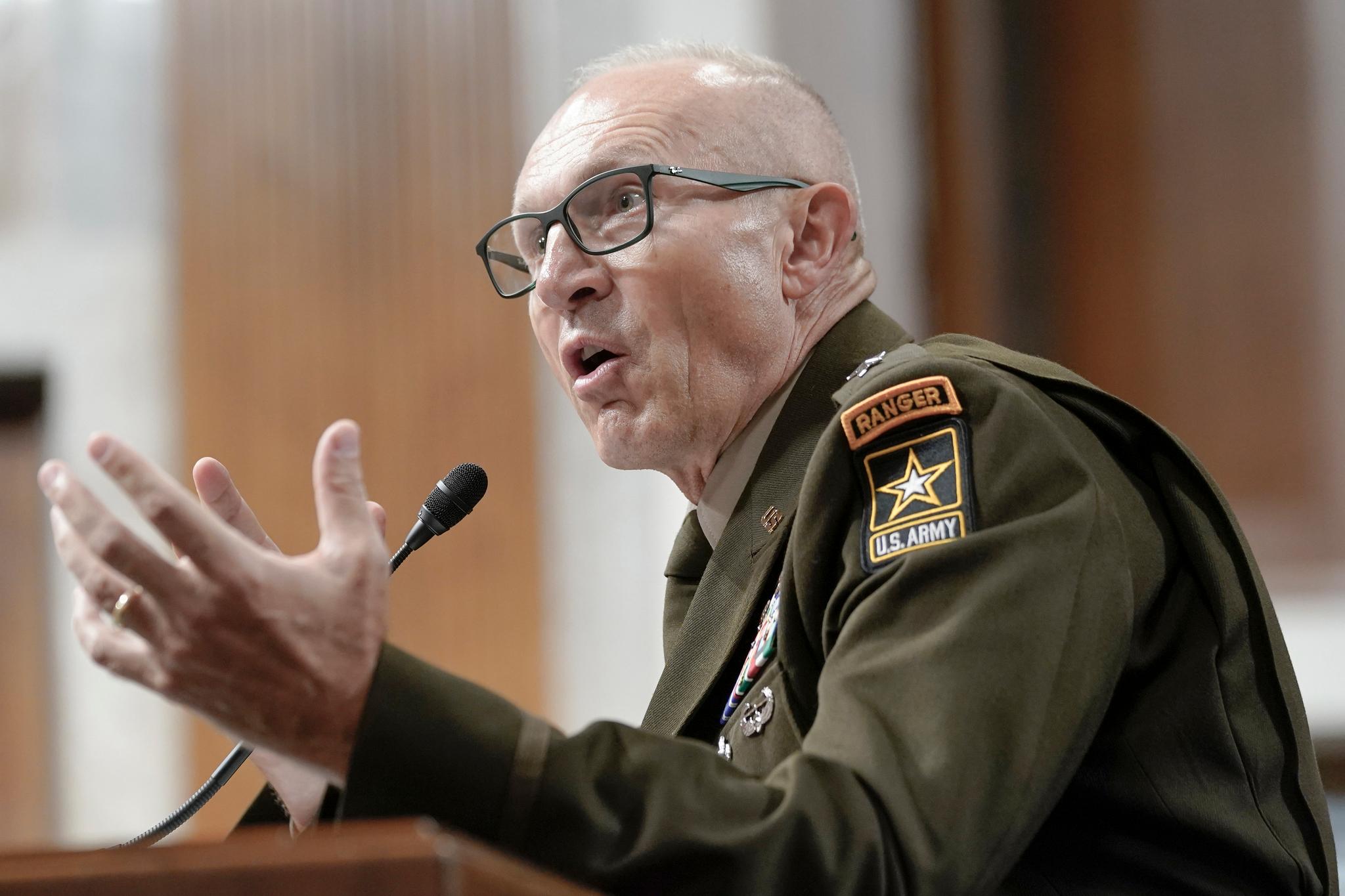 Army Lt. Gen. Randy George testifies during the Senate Armed Services Committee hearing to examine his nomination to be reappointment to the grade of general and to be Chief of Staff of the Army, Wednesday, July 12, 2023, on Capitol Hill in Washington.
