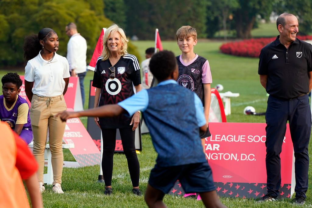 First lady Jill Biden attends the Youth Soccer Clinic with Major League Soccer on the South Lawn of the White House