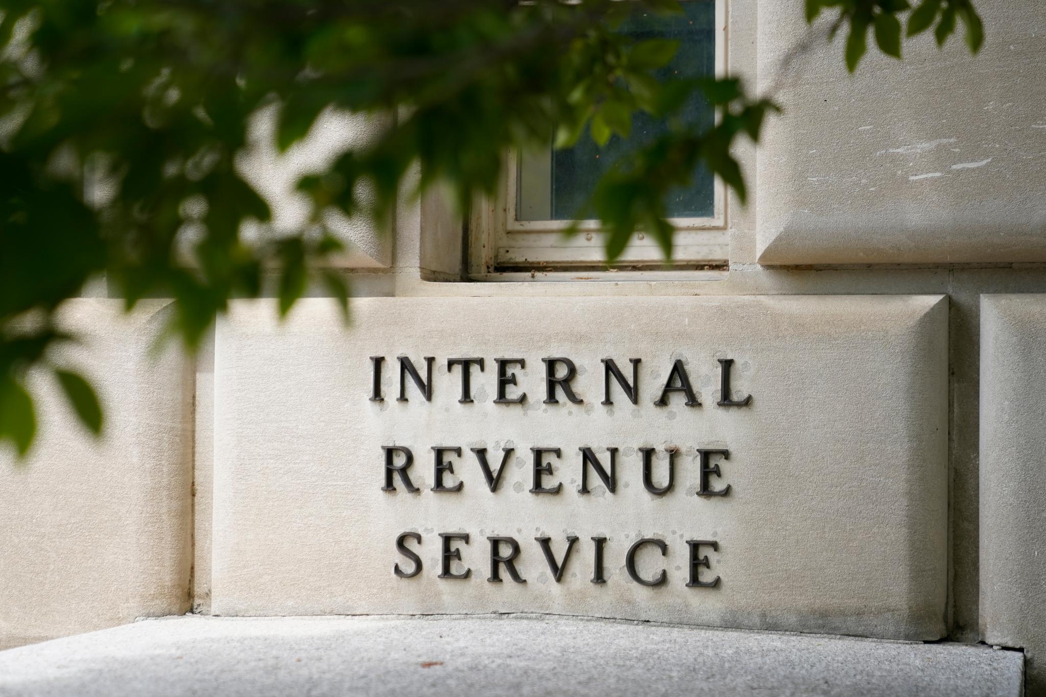 A sign outside the Internal Revenue Service building in Washington, on May 4, 2021.