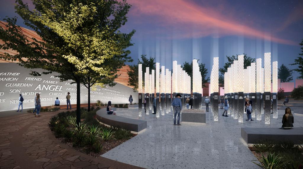 This rendering provided by Clark County, Nev., on June 2, 2023, shows one of five potential designs for a permanent memorial to be built on the Las Vegas Strip in honor of the victims, survivors and first responders of the Oct. 1, 2017, mass shooting
