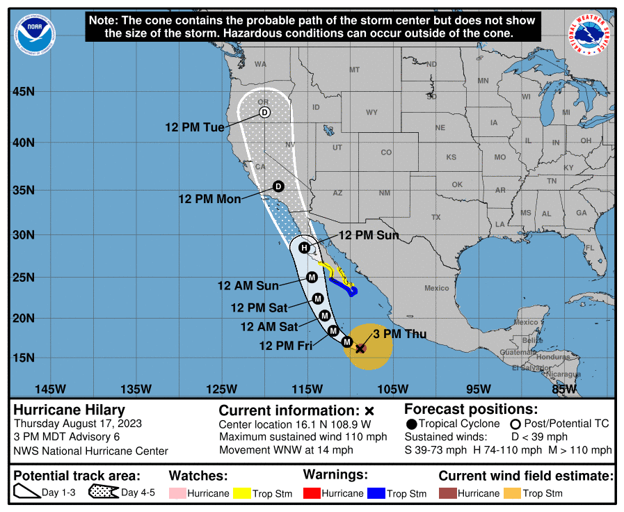 Projected path of remainder of Hurricane Hilary
