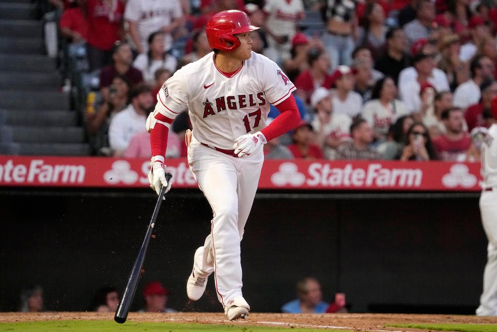 Los Angeles Angels' Shohei Ohtani heads to first during the second inning in the second baseball game of a doubleheader against the Cincinnati Reds
