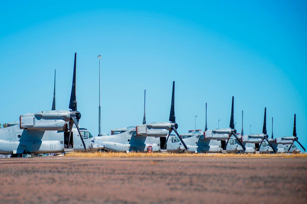United States Marine Corps MV-22B Osprey tiltrotor aircraft parked at RAAF Base Darwin in Australia