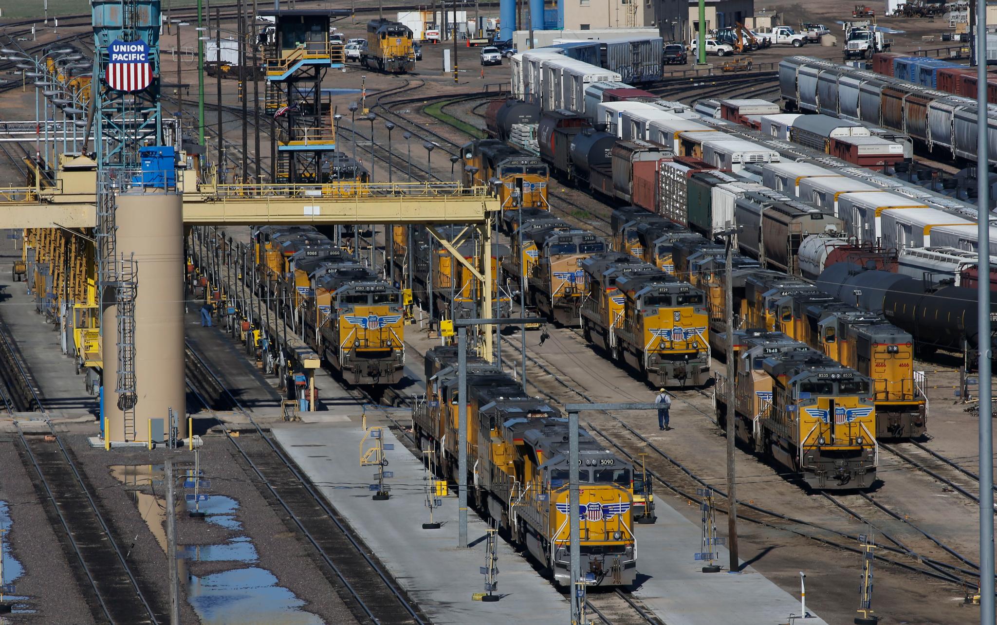 Locomotives are stacked up with freight cars in the Union Pacific Railroad's Bailey Yard, April 21, 2016, in North Platte, Neb.
