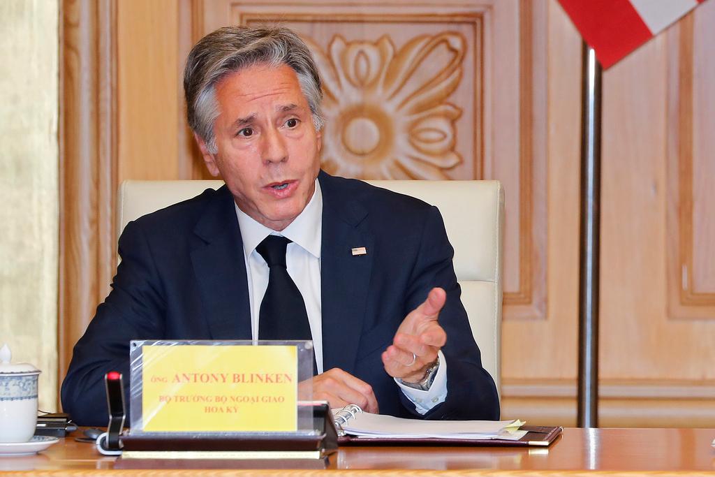 U.S. Secretary of State Antony Blinken speaks during a business roundtable meeting at the Government Office in Hanoi, Vietnam