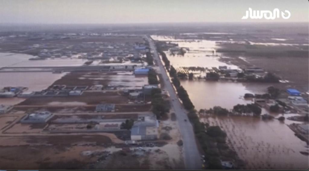 This image taken from video provided by Libya Almasar TV shows flooding in Marj, Libya, Monday, Sept. 11, 2023.