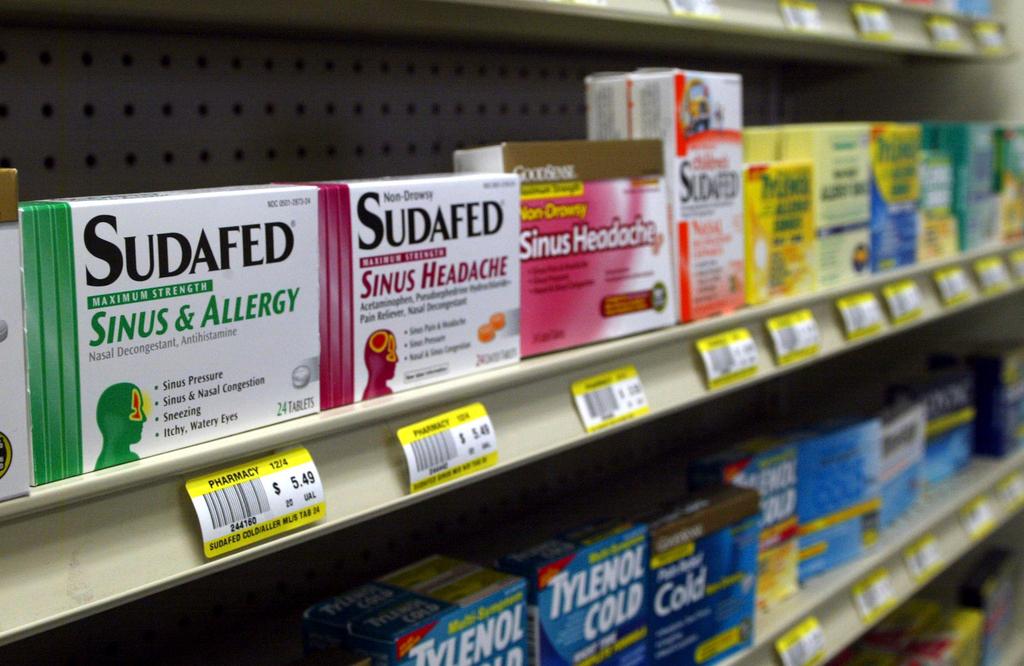 Sudafed and other common nasal decongestants containing pseudoephedrine are on display behind the counter at Hospital Discount Pharmacy in Edmond, Okla., Jan. 11, 2005. 