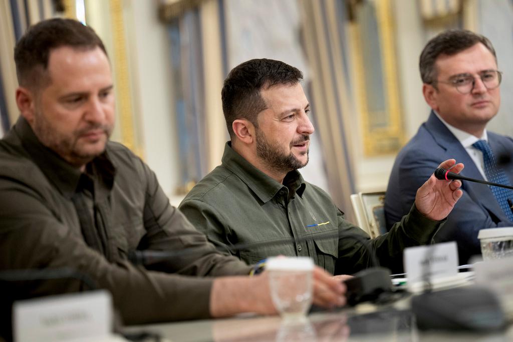 Ukrainian President Volodymyr Zelenskyy speaks at meeting