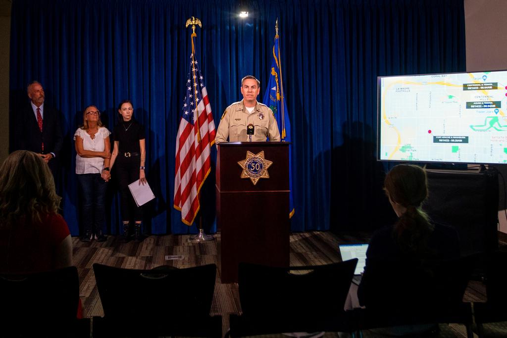 Las Vegas police Lt. Jason Johansson speaks during a news conference about a series of hit-and run-crashes