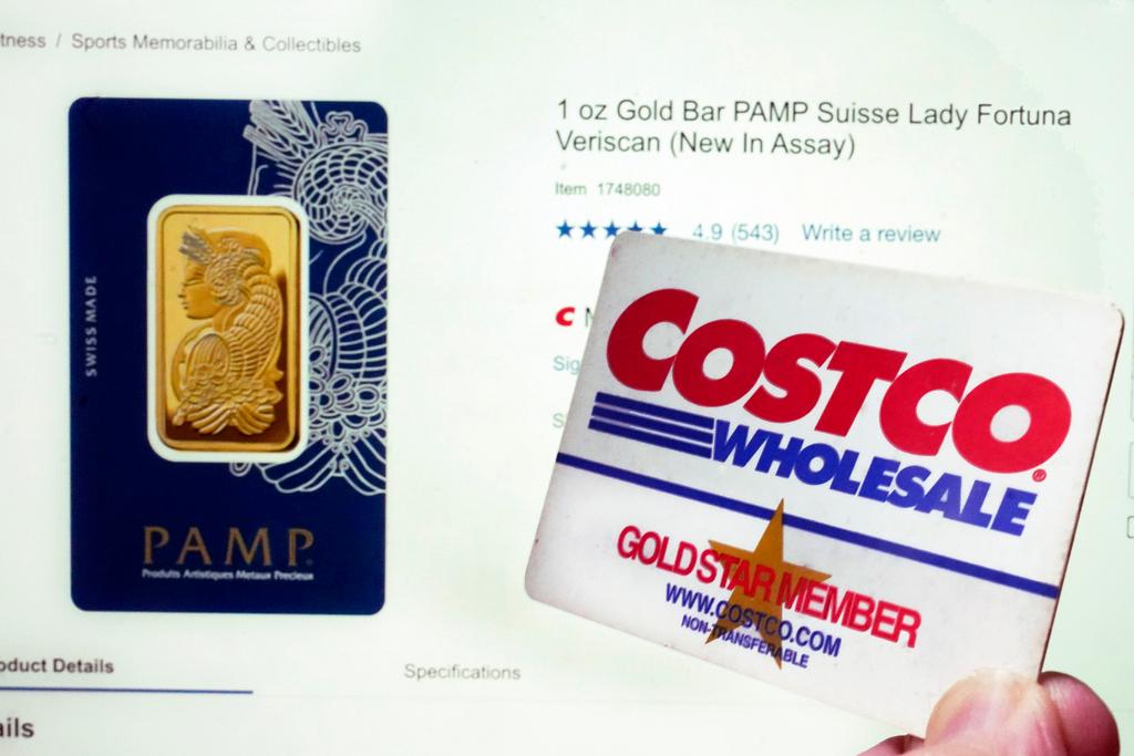 Costco webpage featuring a one-ounce Gold Bar PAMP Suisse Lady Fortuna Veriscan, and a Costco membership card
