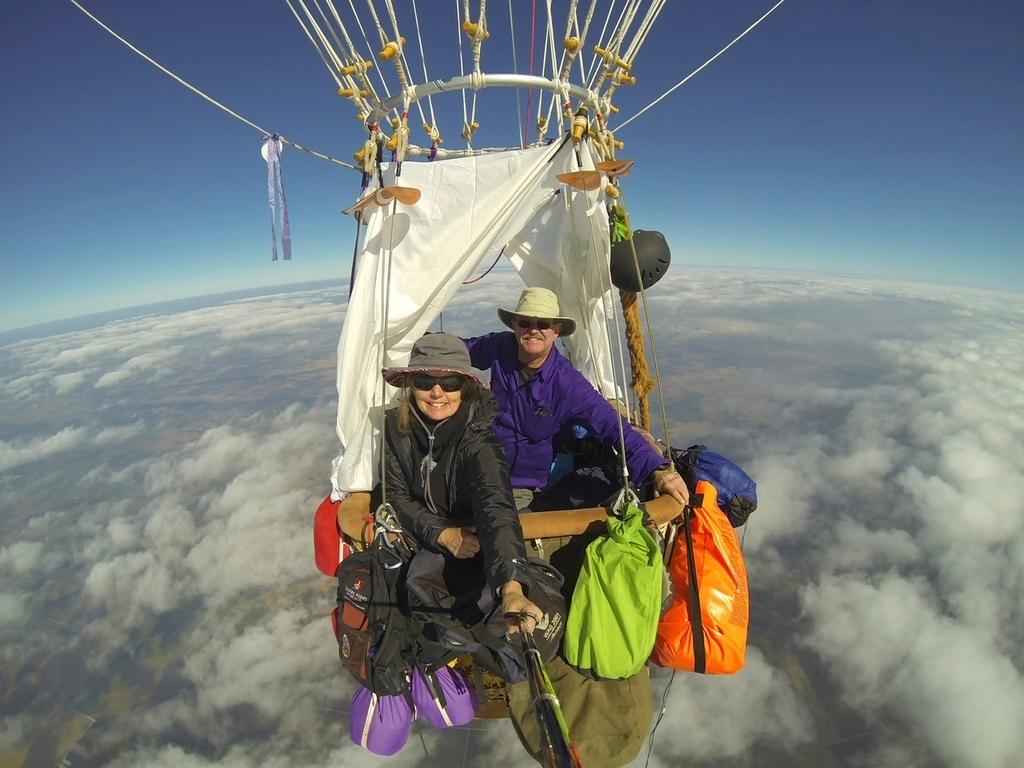 This Oct. 9, 2017 image provided by Cheri White shows Cheri White and pilot Mark Sullivan flying their gas balloon during a long-distance competition. It's been 15 years since the world's elite gas balloon pilots have gathered in the United States for the Coupe Gordon Bennett, a long-distance race whose roots stretch back more than a century. White and Sullivan will be participating in the 2023 Gordon Bennett competition. The flight window opens Saturday, Oct. 7. 