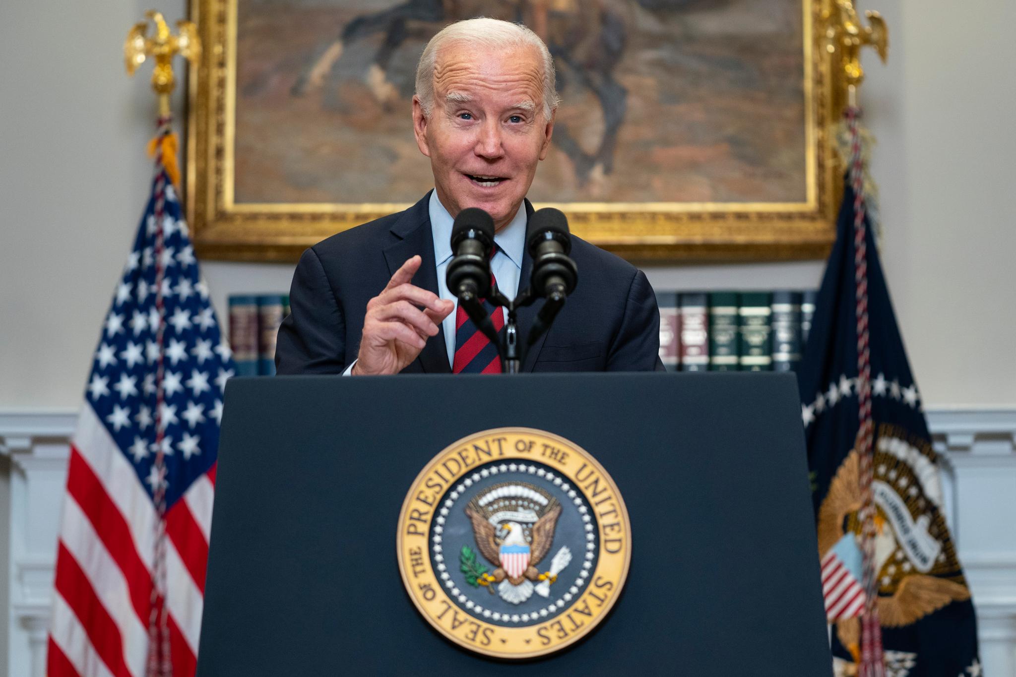 President Joe Biden speaks on student loan debt forgiveness, in the Roosevelt Room of the White House, Oct. 4, 2023, in Washington.