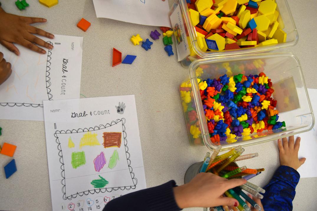 Preschool students practice math using manipulatives at a public school in Boston in 2016. 