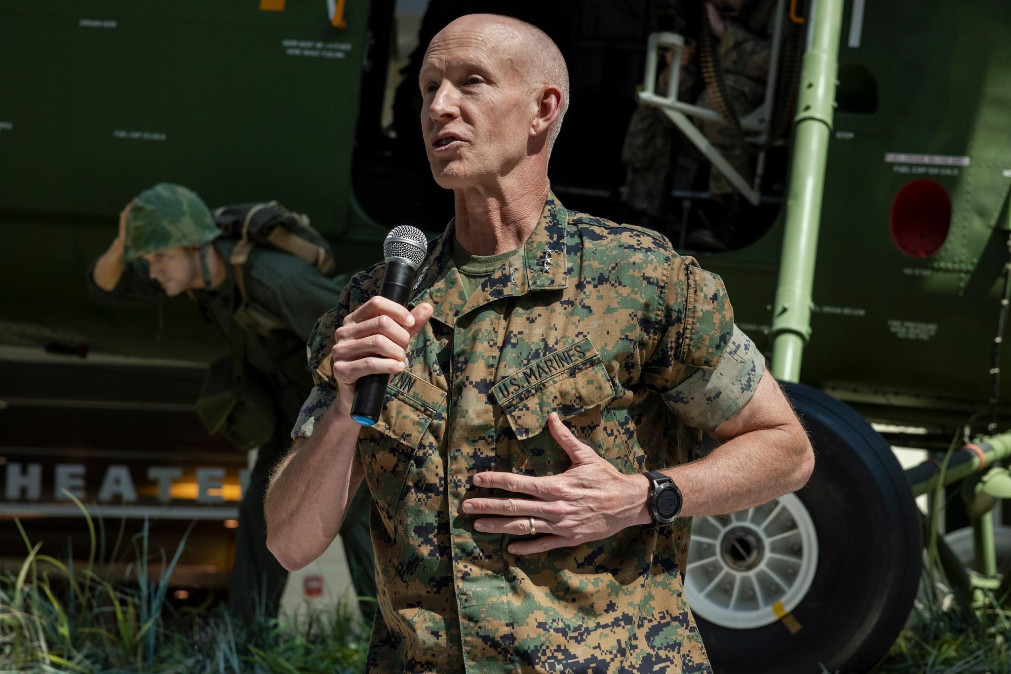 This image provided by the U.S. Marine Corps shows U.S. Marine Corps Lt. Gen. James Glynn speaking during the Wounded Warrior Regiment change of command at the National Museum of the Marine Corps in Triangle, Va., July 14, 2023. 