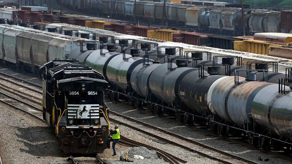 Norfolk Southern locomotives are moved in Norfolk Southern's Conway Terminal, June 17, 2023, in Conway, Pa. Norfolk Southern has installed the first of what will be more than a dozen automated inspection portals on its tracks in Ohio — not far from where one of its trains derailed in February and spilled hazardous chemicals that caught fire.