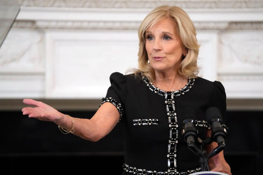 First lady Jill Biden speaks during a media preview Tuesday, Oct. 24, 2023, in the State Dining Room at the White House in Washington