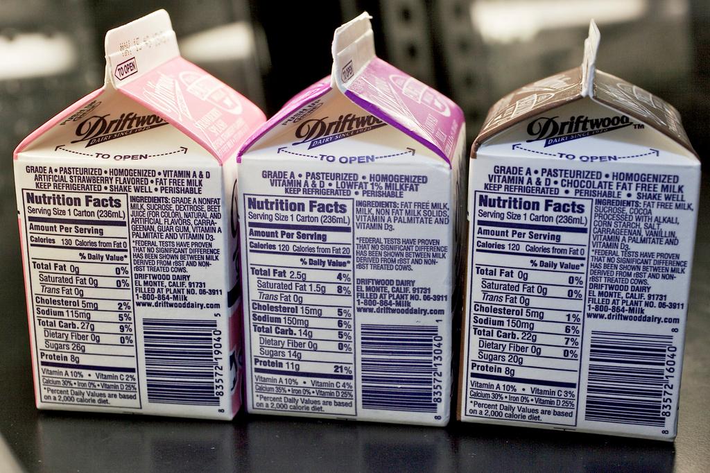 Milk cartons are displayed at a high school cafeteria in Los Angeles, California