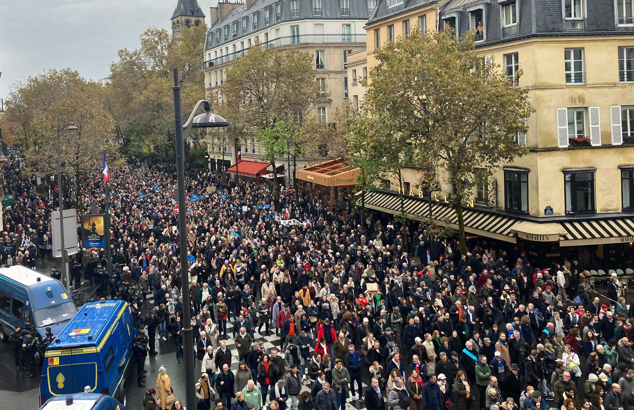 Thousands gather for a march against antisemitism in Paris, France, Sunday, Nov. 12, 2023.