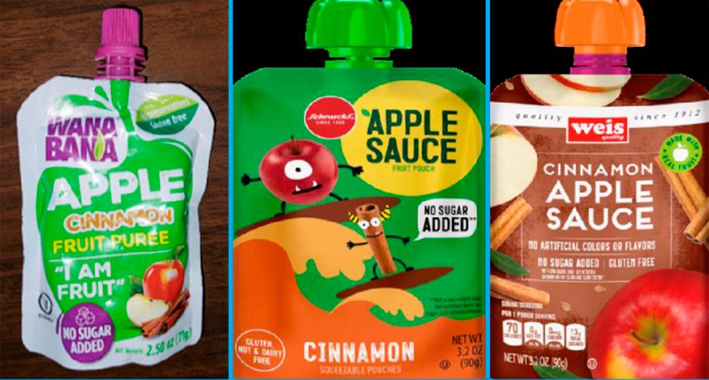 This image provided by the U.S. Food and Drug Administration on Thursday, Nov. 17, 2023, shows three recalled applesauce products - WanaBana apple cinnamon fruit puree pouches, Schnucks-brand cinnamon-flavored applesauce pouches and variety pack, and Weis-brand cinnamon applesauce pouches.