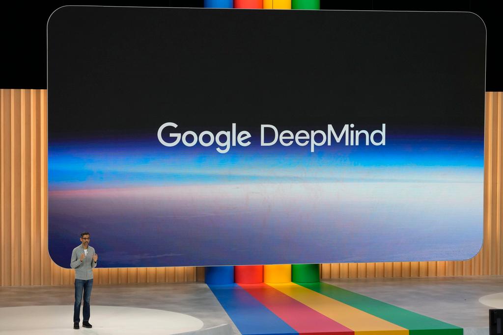 Alphabet CEO Sundar Pichai speaks about Google DeepMind at a Google I/O event 