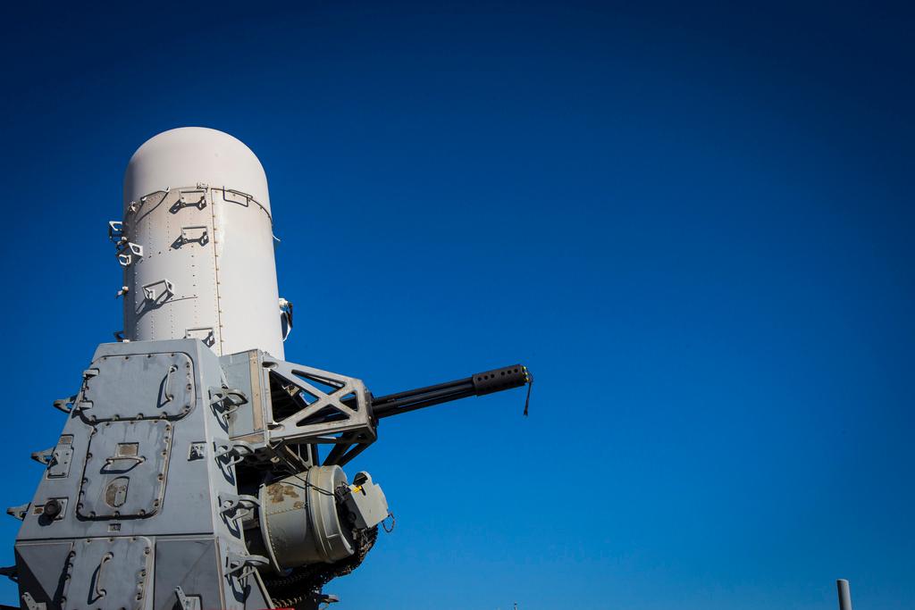 A 20mm Phalanx CIWS weapons defense cannon is mounted on the U.S. Navy destroyer USS Gravely 