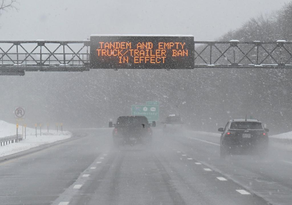 Roadway caution sign is seen on the New York Thruway 