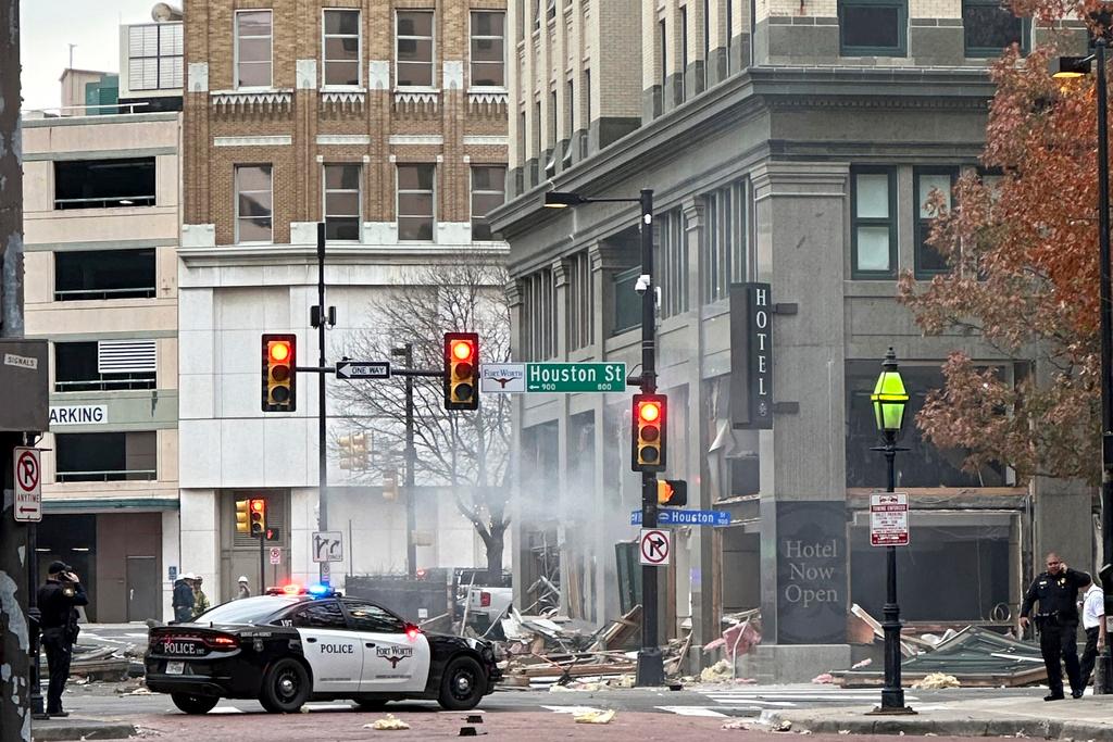 First responders work the scene after an explosion at the Sandman Signature hotel on Monday, Jan. 8, 2024, in Fort Worth, Texas