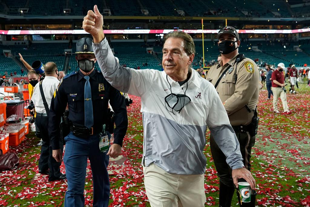  Alabama head coach Nick Saban leaves the field after their win against Ohio State in an NCAA College Football Playoff national championship game