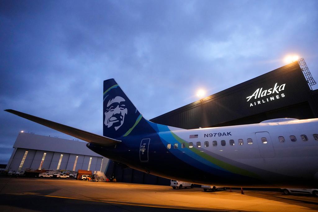 An Alaska Airlines Boeing 737 Max 9 awaits inspection at the airline's hangar at Seattle-Tacoma International Airport