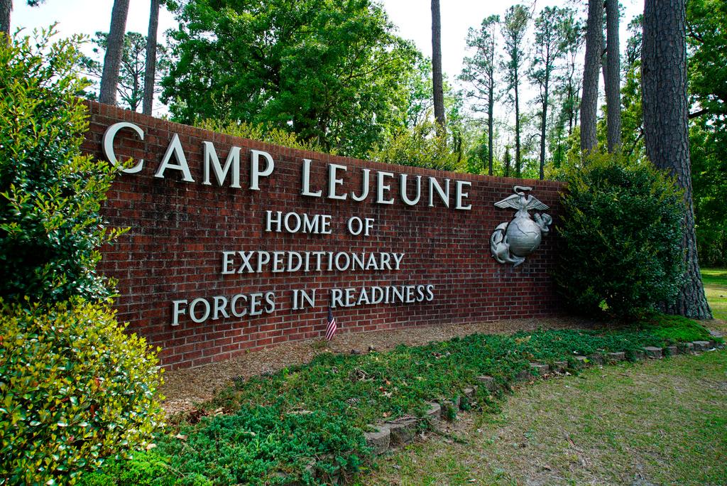 ignage stands on the main gate to Camp Lejeune Marine Base outside Jacksonville, N.C.