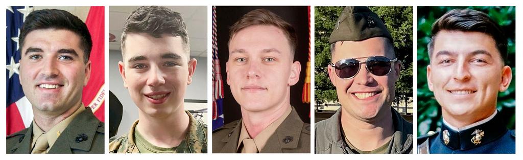 From left, Capt. Jack Casey, 26, of Dover, N.H., Lance Cpl. Donovan Davis, 21, of Olathe, Kan., Sgt. Alec Langen, 23, of Chandler, Ariz., Capt. Benjamin Moulton, 27, of Emmett, Idaho, and Capt. Miguel Nava, 28, of Traverse City, Mich. 