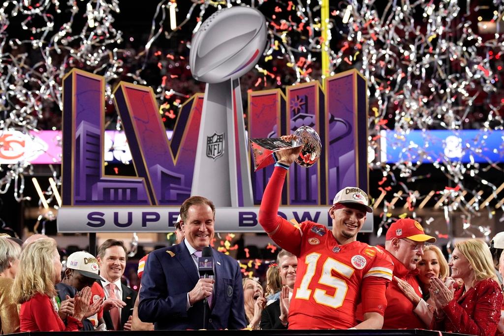 Kansas City Chiefs quarterback Patrick Mahomes (15) celebrates after the NFL Super Bowl 58 football game against the San Francisco 49ers, Sunday, Feb. 11, 2024, in Las Vegas. The Kansas City Chiefs won 25-22 against the San Francisco 49ers