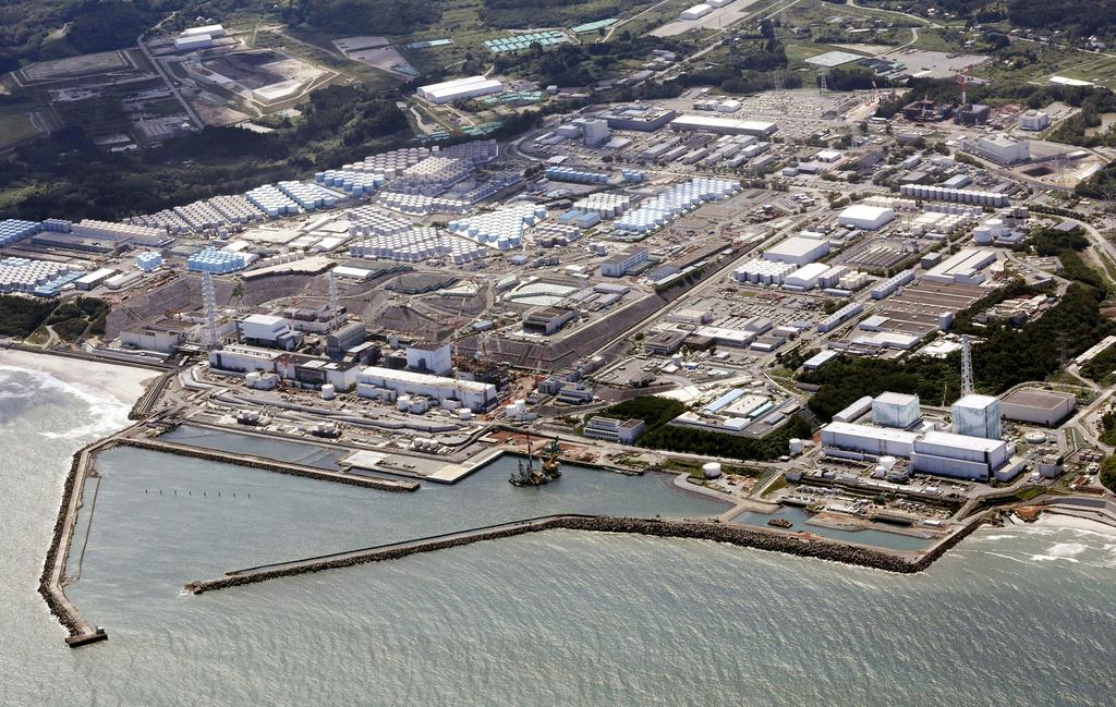 This aerial view shows the wrecked Fukushima Daiichi nuclear power plant in Okuma town, northeastern Japan, on Aug. 24, 2023.