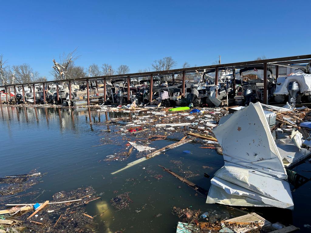 Damaged boat docks after severe weather on Orchard Island in Russells Point, Ohio