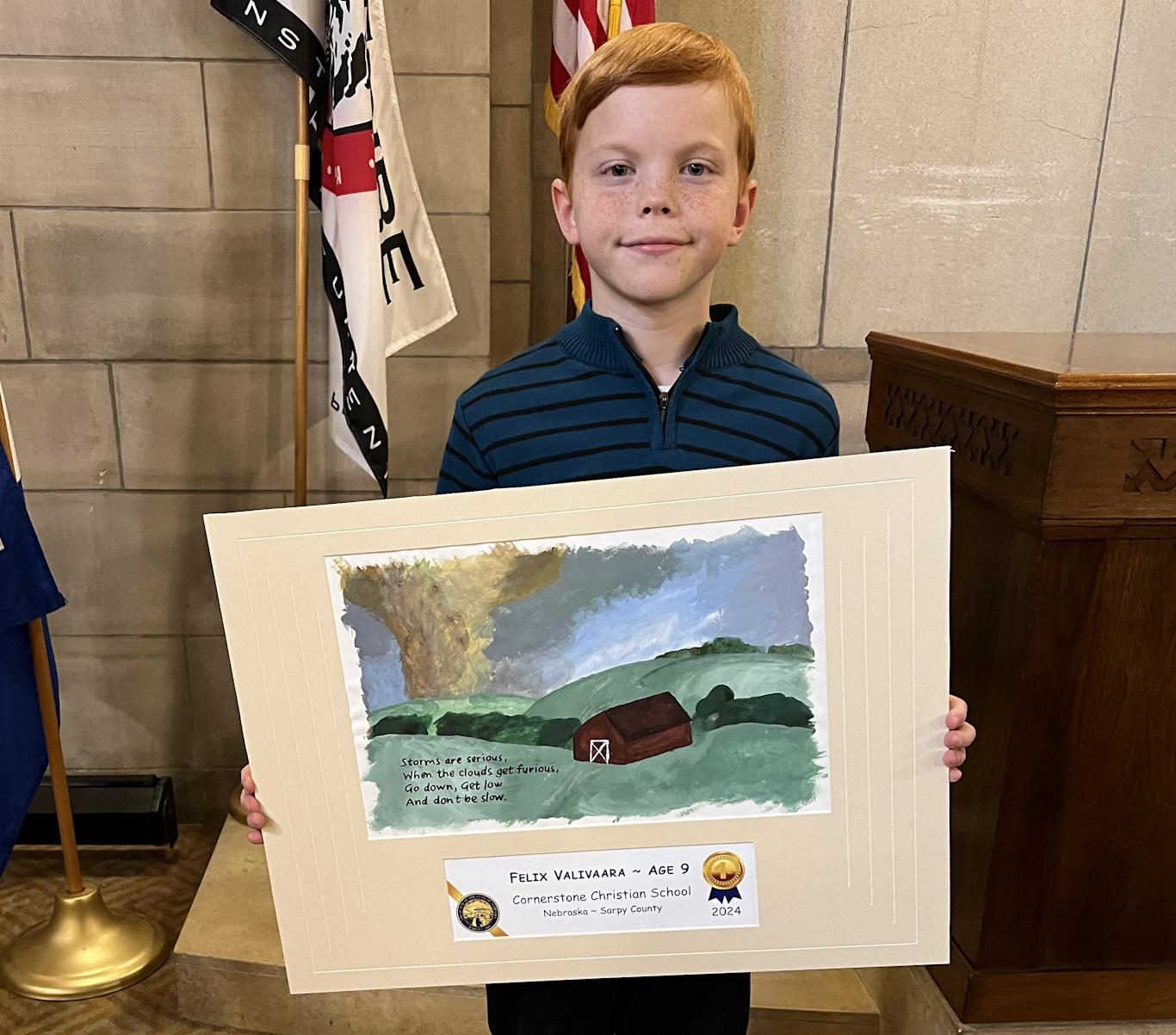1st place in weather awareness poster contest: : Felix Valivaara, Cornerstone Christian School, Bellevue, Neb.