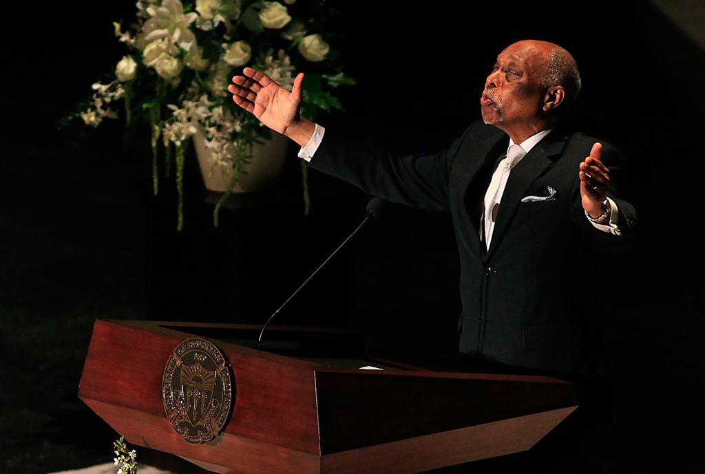 Rev. Cecil Murray delivers a benediction at the conclusion of a memorial service, at the Shrine Auditorium, Wednesday, April 18, 2012, in Los Angeles