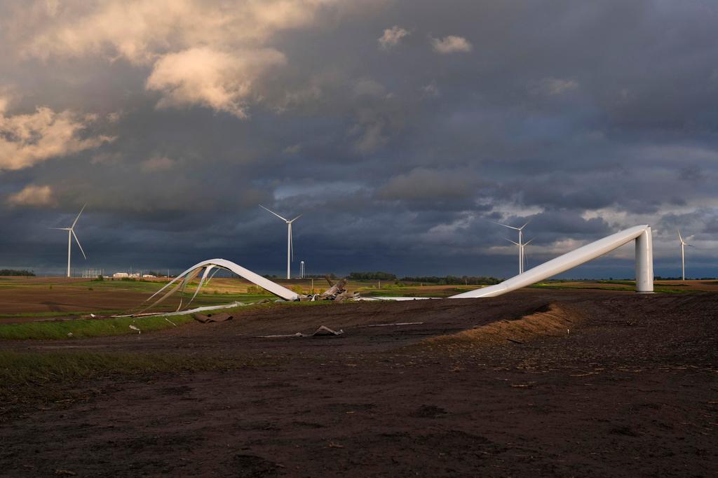 The remains of a tornado-damaged wind turbine