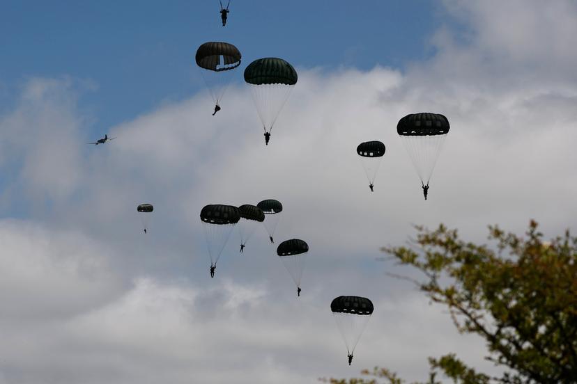 Parachute drop in Carentan-Les-Marais in Normandy, France ahead of D-Day 80th anniversary commemorations.