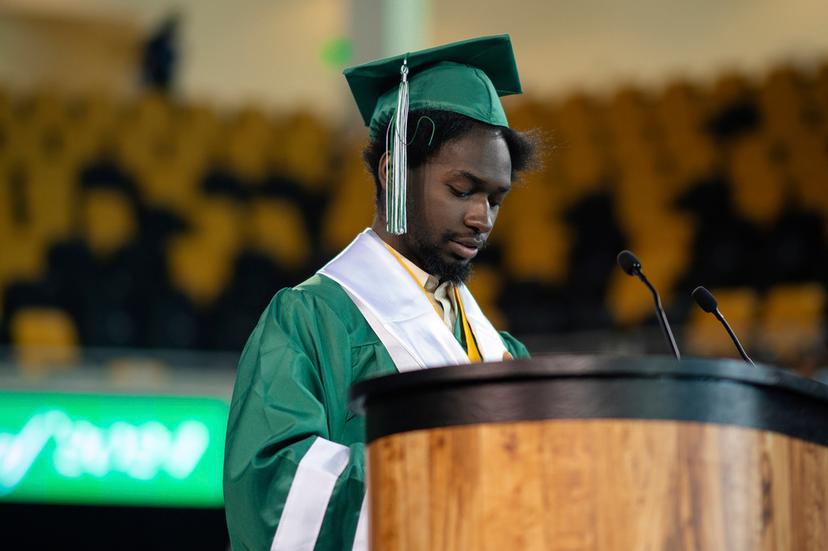 Elijah Hogan speaks during his graduation ceremony at Walter L. Cohen charter high school in New Orleans