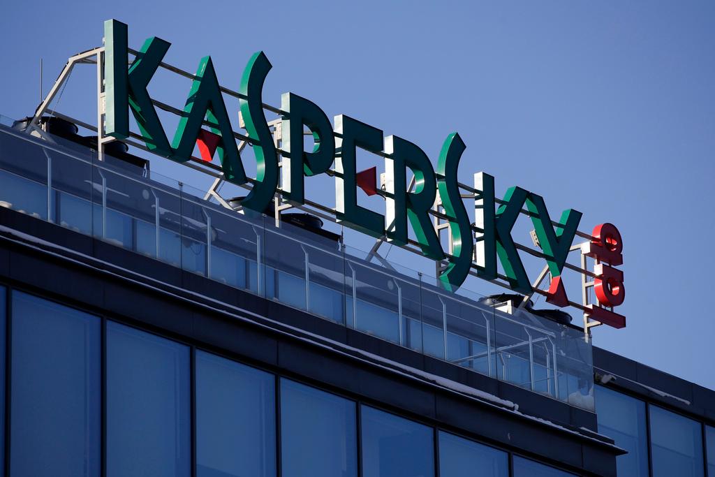 The sign is seen above the headquarters of Kaspersky Lab in Moscow Monday, Jan. 30, 2017.