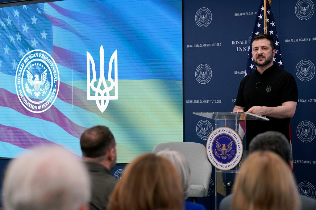 Ukrainian President Volodymyr Zelenskyy speaks at the Ronald Reagan Institute on the sideline of NATO Summit in Washington