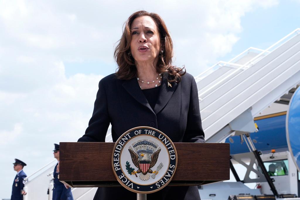 Vice President Kamala Harris delivers remarks at George Bush Intercontinental Airport, Thursday, Aug. 1, 2024, in Houston.