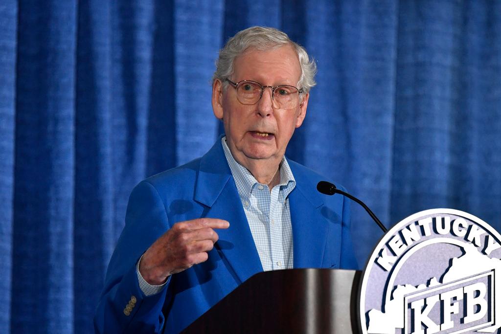 Senate Minority Leader Mitch McConnell, R-Ky., speaks to the audience gathered at the Kentucky State Fair Ham Breakfast at the Kentucky Exhibition Center in Louisville, Ky., Thursday, Aug. 22, 2024.