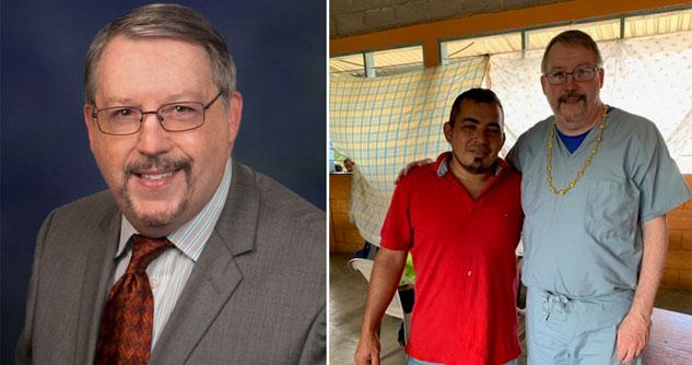 Headshot of Dr. Cloy on left, on right the doctor with aid worker in Honduras