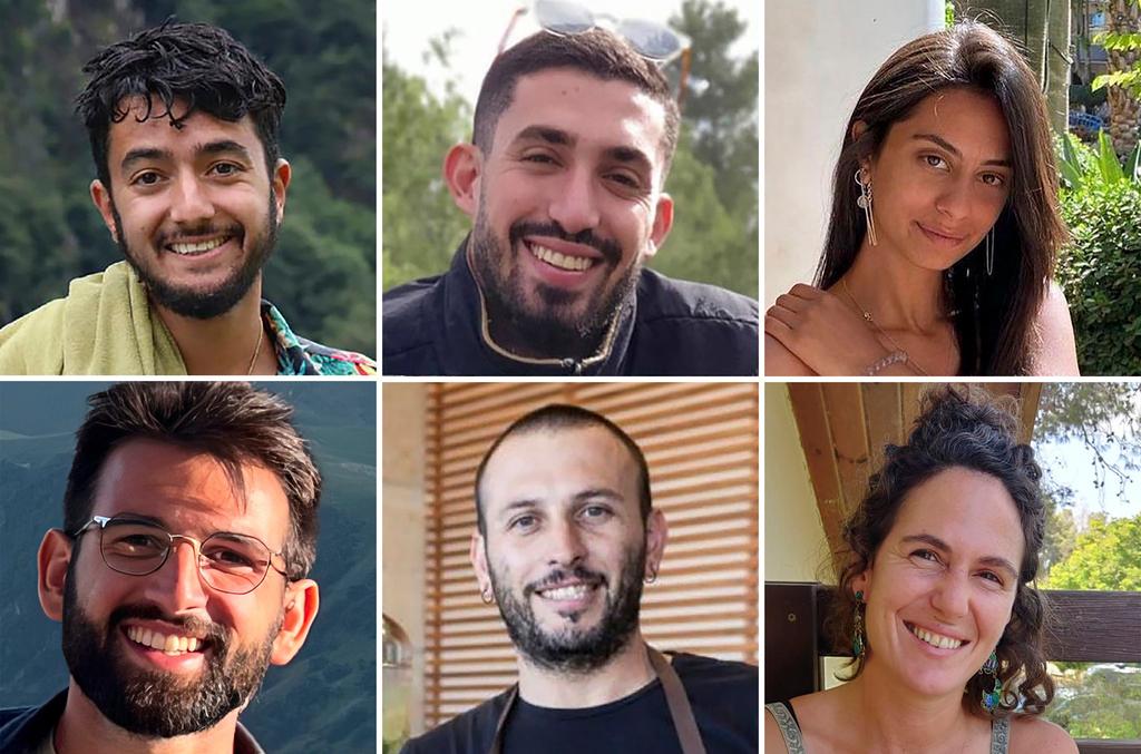 From top left, Hersh Goldberg-Polin, Ori Danino, Eden Yerushalmi, from bottom left, Almog Sarusi, Alexander Lobanov, and Carmel Gat, who were held hostage by Hamas terrorists