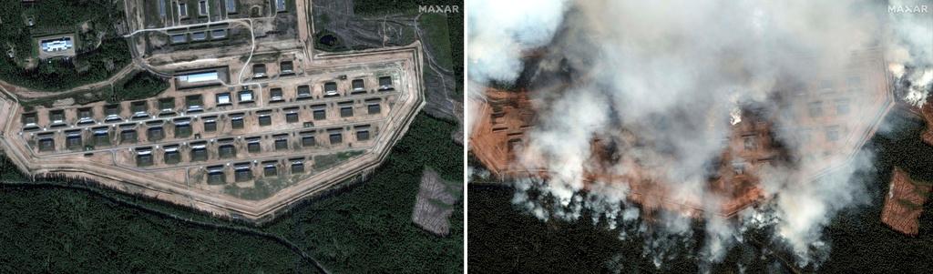 2 satellite images of an ammunition depot in Toropets, Russia: left, and the same ammunition depot in the aftermath of a large series of explosion