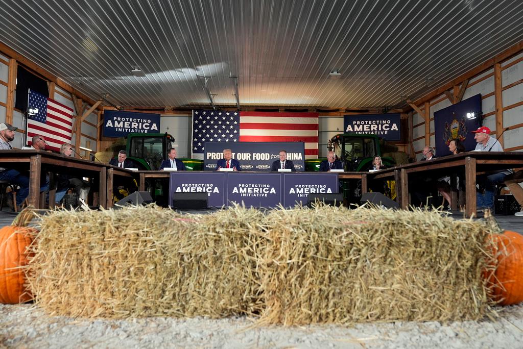 Republican presidential nominee former President Donald Trump speaks at a campaign event at a farm in Smithton, Pa. 