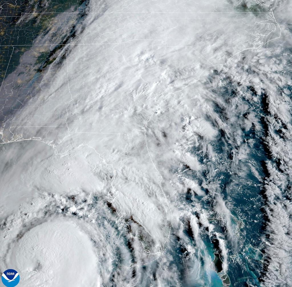 This satellite image provided by NOAA shows Hurricane Helene advancing across the Gulf of Mexico toward Florida on Thursday, Sept. 26, 2024.