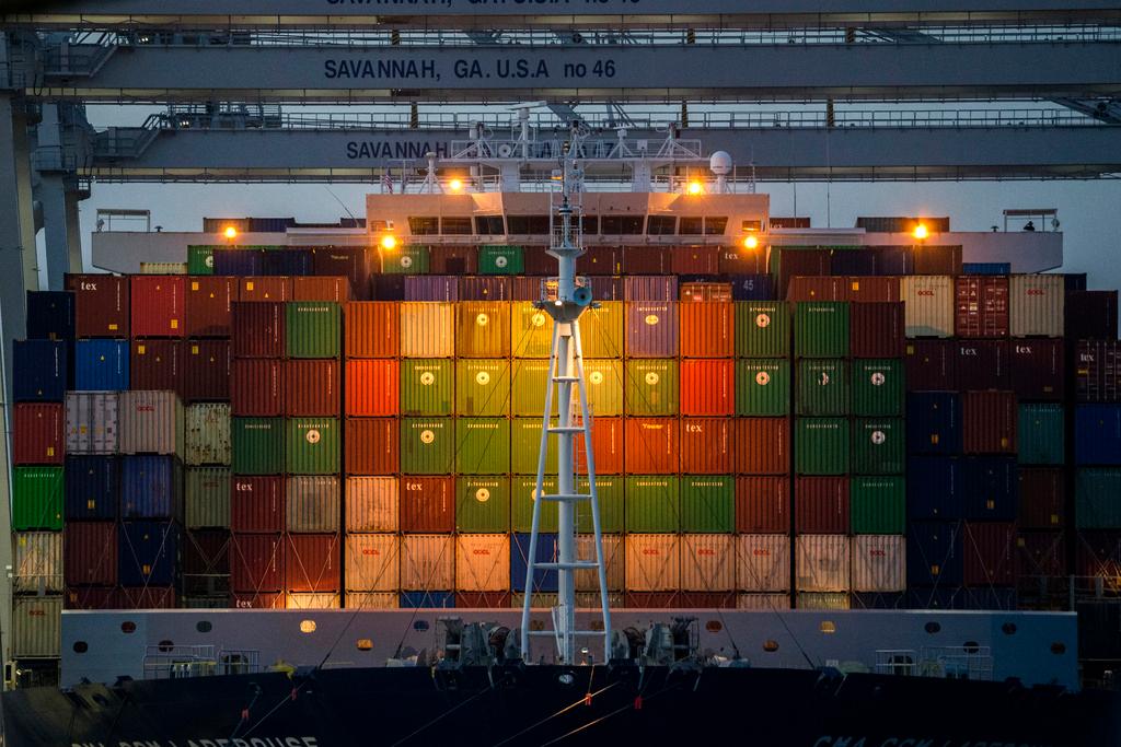 Ship to shore cranes work the container ship CMA CGM Laperouse at the Georgia Ports Authority's Port of Savannah, Sept. 29, 2021, in Savannah, Ga.