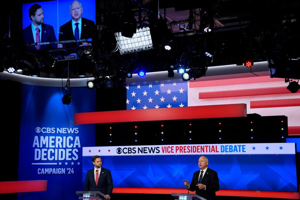 Democratic vice presidential nominee Minnesota Gov. Tim Walz speaks during a vice presidential debate hosted by CBS News, with Republican vice presidential nominee Sen. JD Vance, R-Ohio